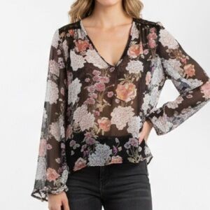 PLANET BLUE floral lace sheer blouse top XSMALL key hole back long bell sleeve